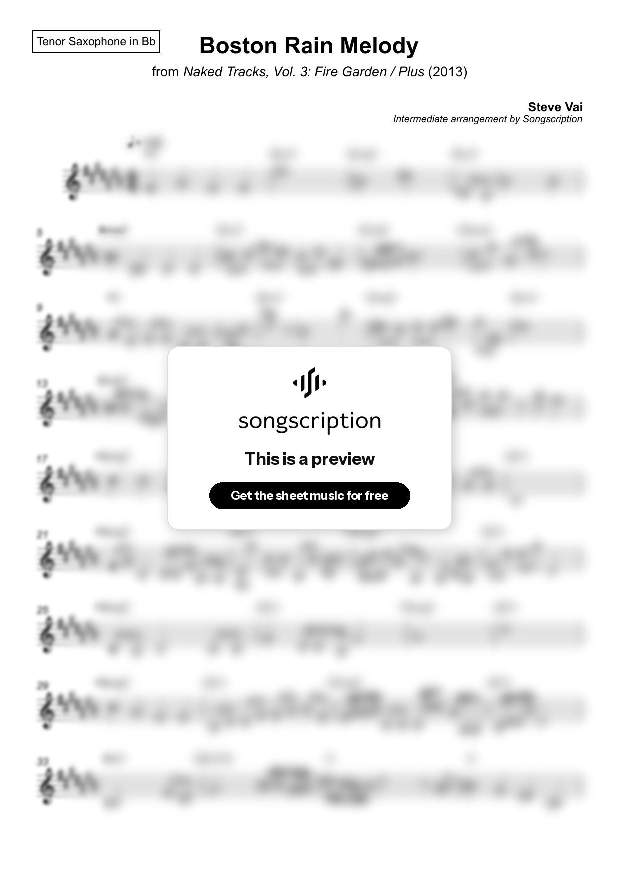 Intermediate Tenor Sax Sheet Music for "Boston Rain Melody" by Steve Vai