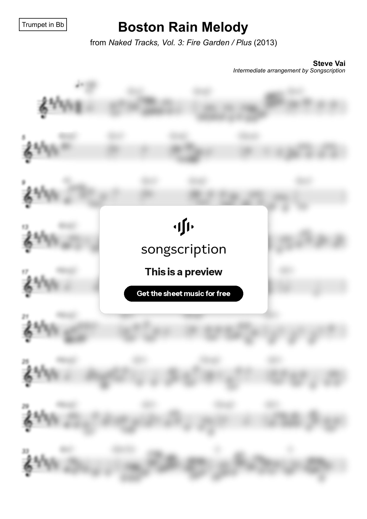 Intermediate Trumpet Sheet Music for "Boston Rain Melody" by Steve Vai