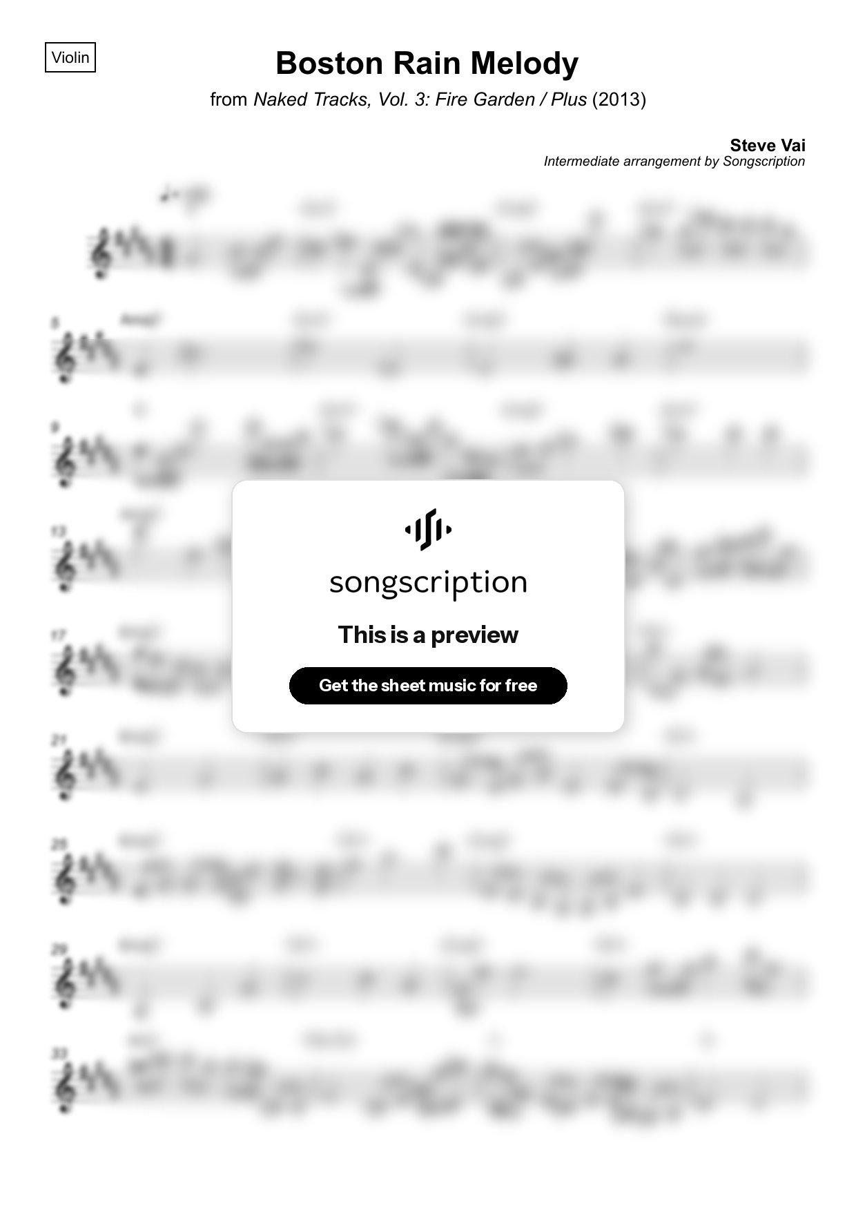 Intermediate Violin Sheet Music for "Boston Rain Melody" by Steve Vai