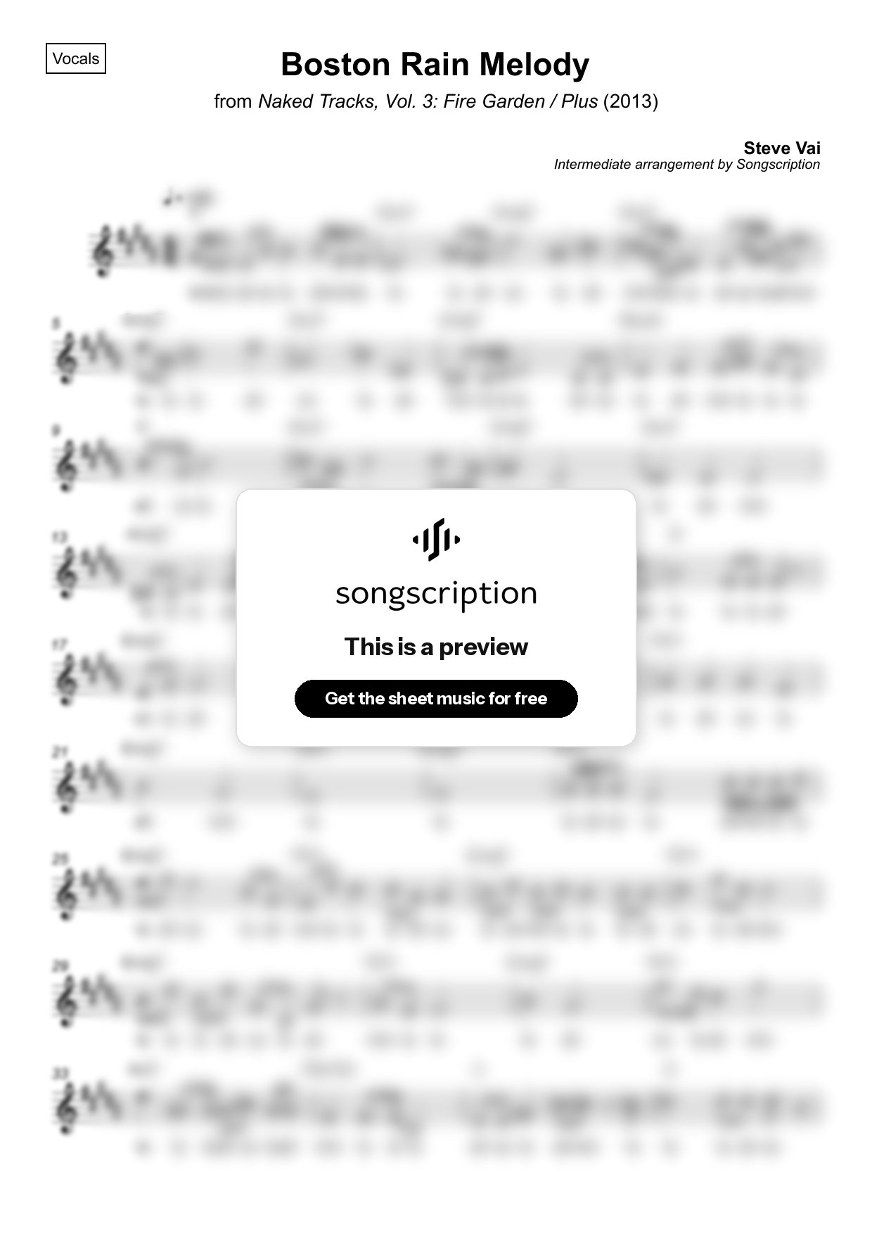 Intermediate Vocals Sheet Music for "Boston Rain Melody" by Steve Vai