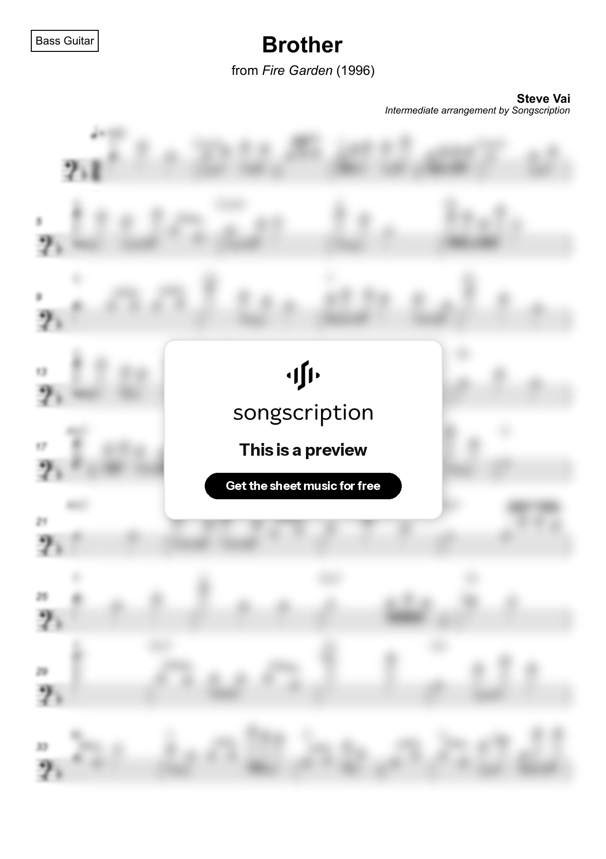 Intermediate Bass Guitar Sheet Music for "Brother" by Steve Vai