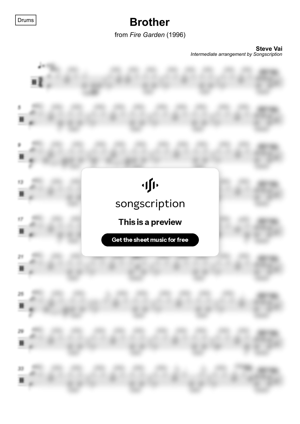 Intermediate Drums Sheet Music for "Brother" by Steve Vai