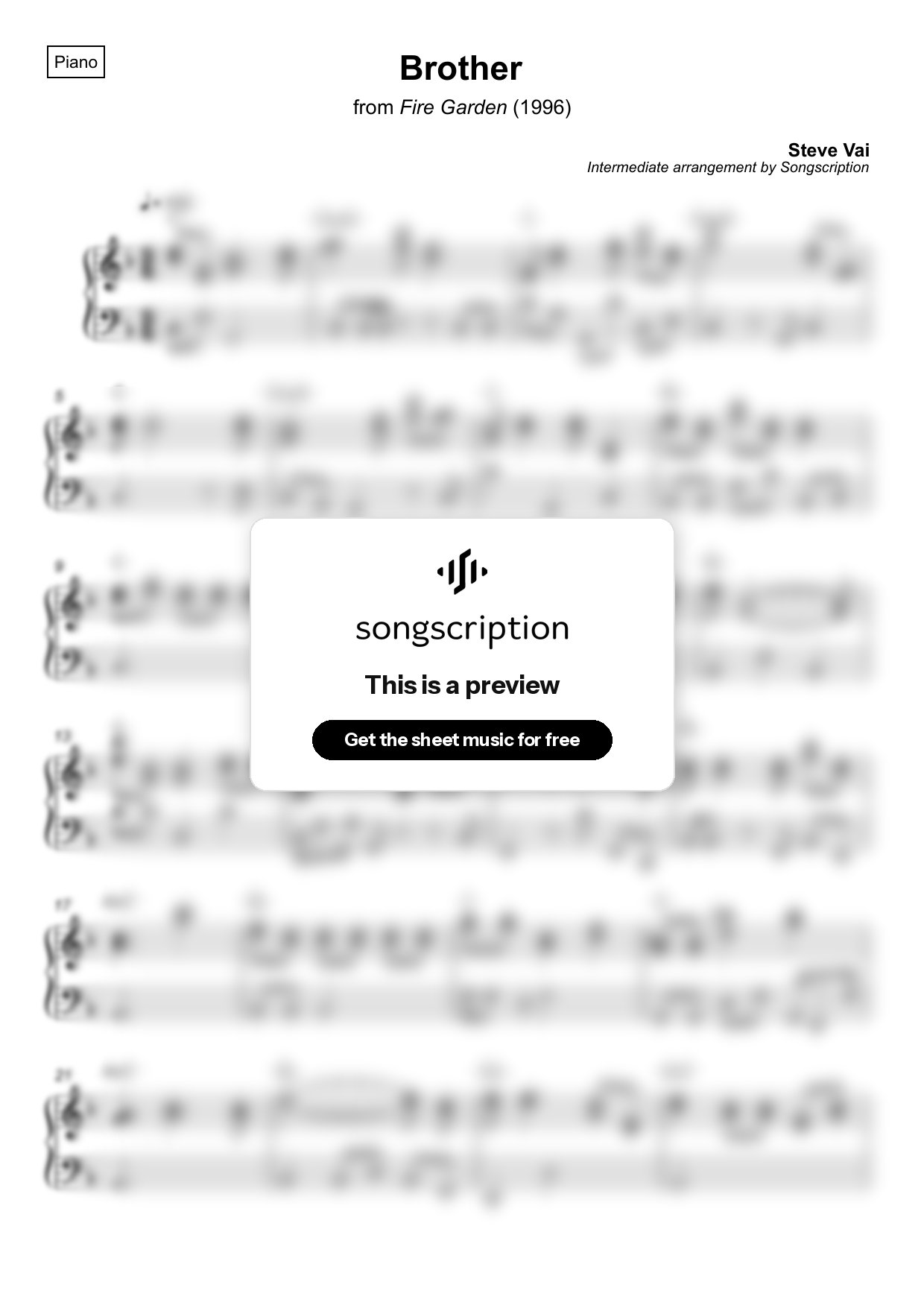 Intermediate Piano Sheet Music for "Brother" by Steve Vai
