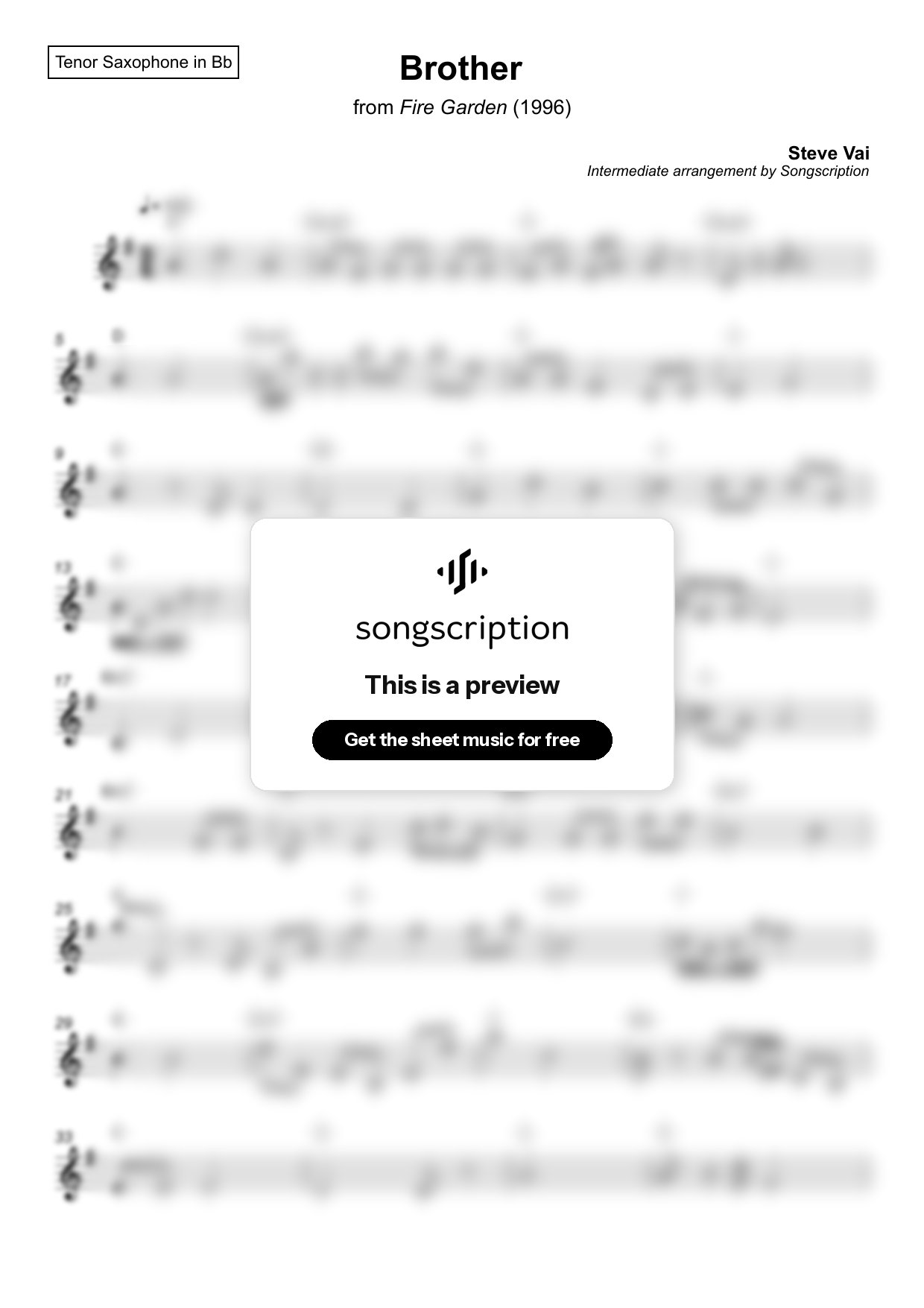 Intermediate Tenor Sax Sheet Music for "Brother" by Steve Vai