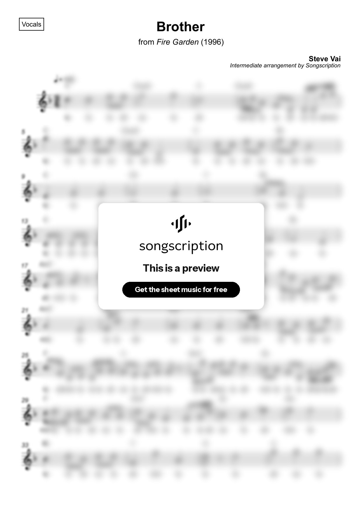 Intermediate Vocals Sheet Music for "Brother" by Steve Vai