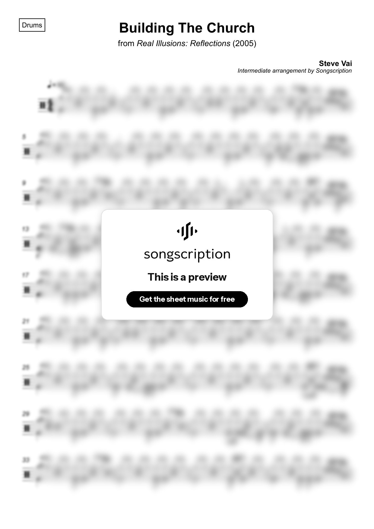 Intermediate Drums Sheet Music for "Building The Church" by Steve Vai