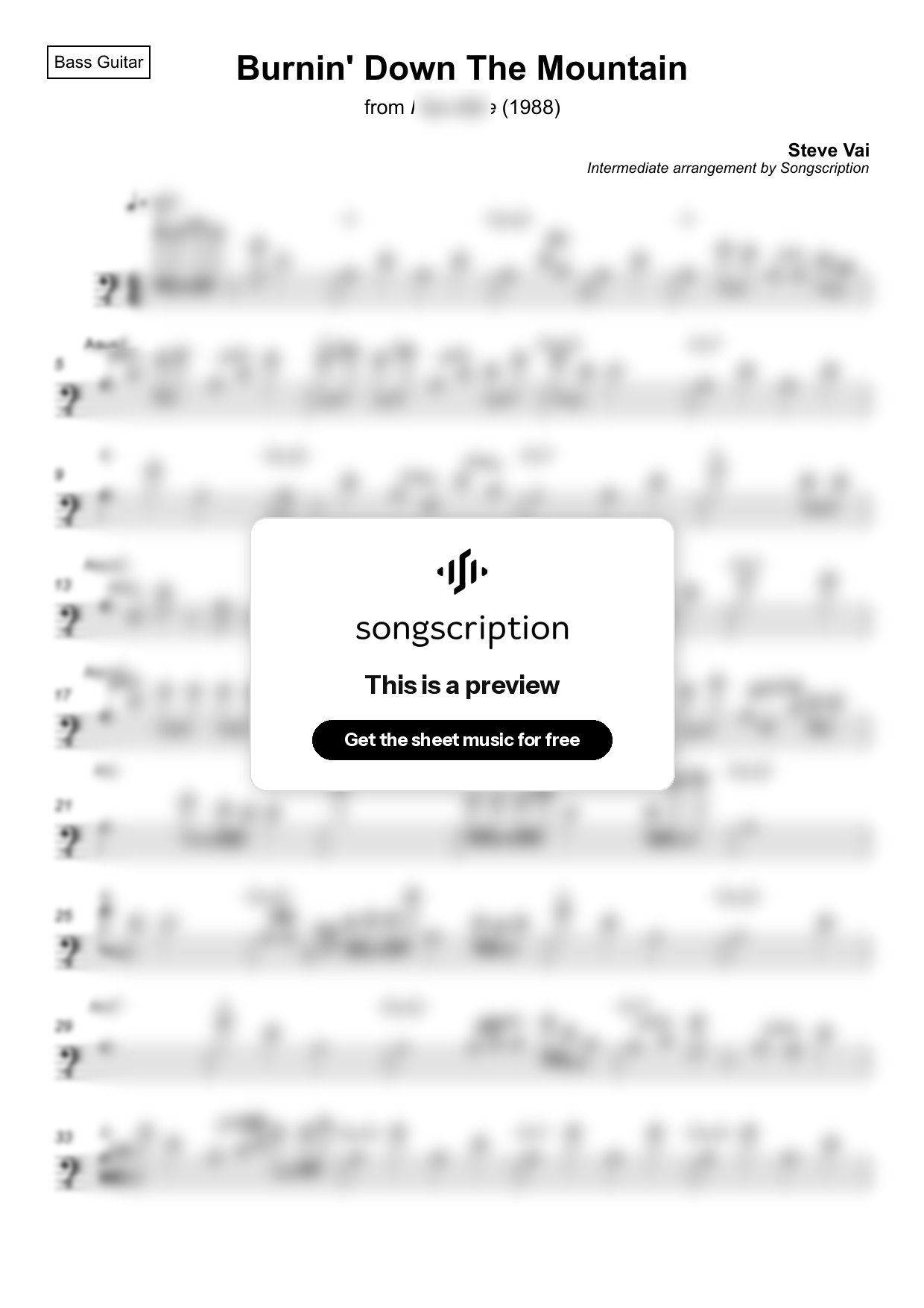 Intermediate Bass Guitar Sheet Music for "Burnin' Down The Mountain" by Steve Vai