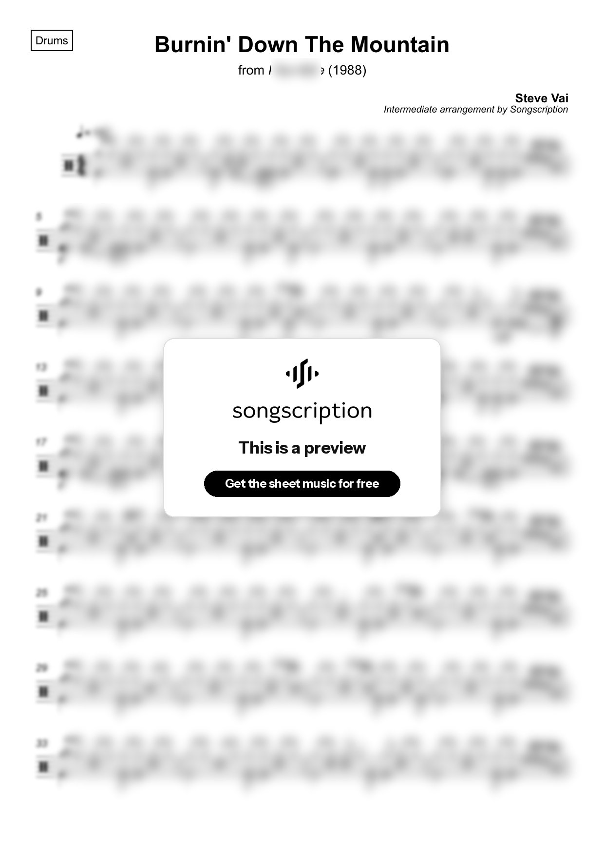 Intermediate Drums Sheet Music for "Burnin' Down The Mountain" by Steve Vai