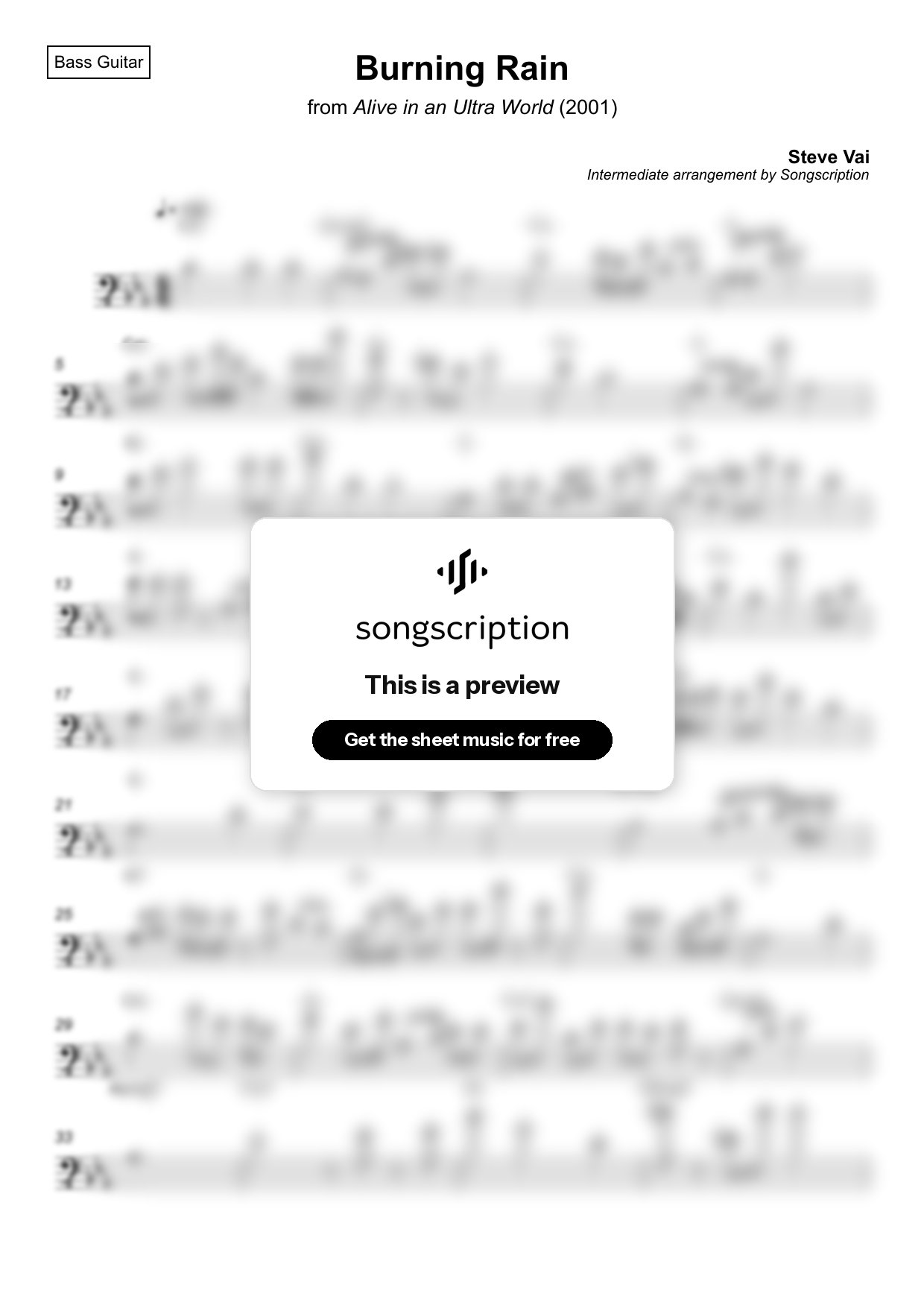 Intermediate Bass Guitar Sheet Music for "Burning Rain" by Steve Vai