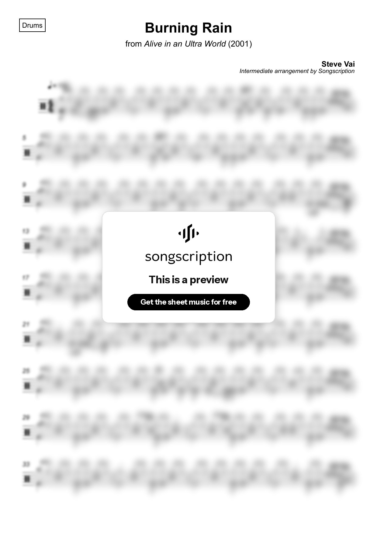 Intermediate Drums Sheet Music for "Burning Rain" by Steve Vai