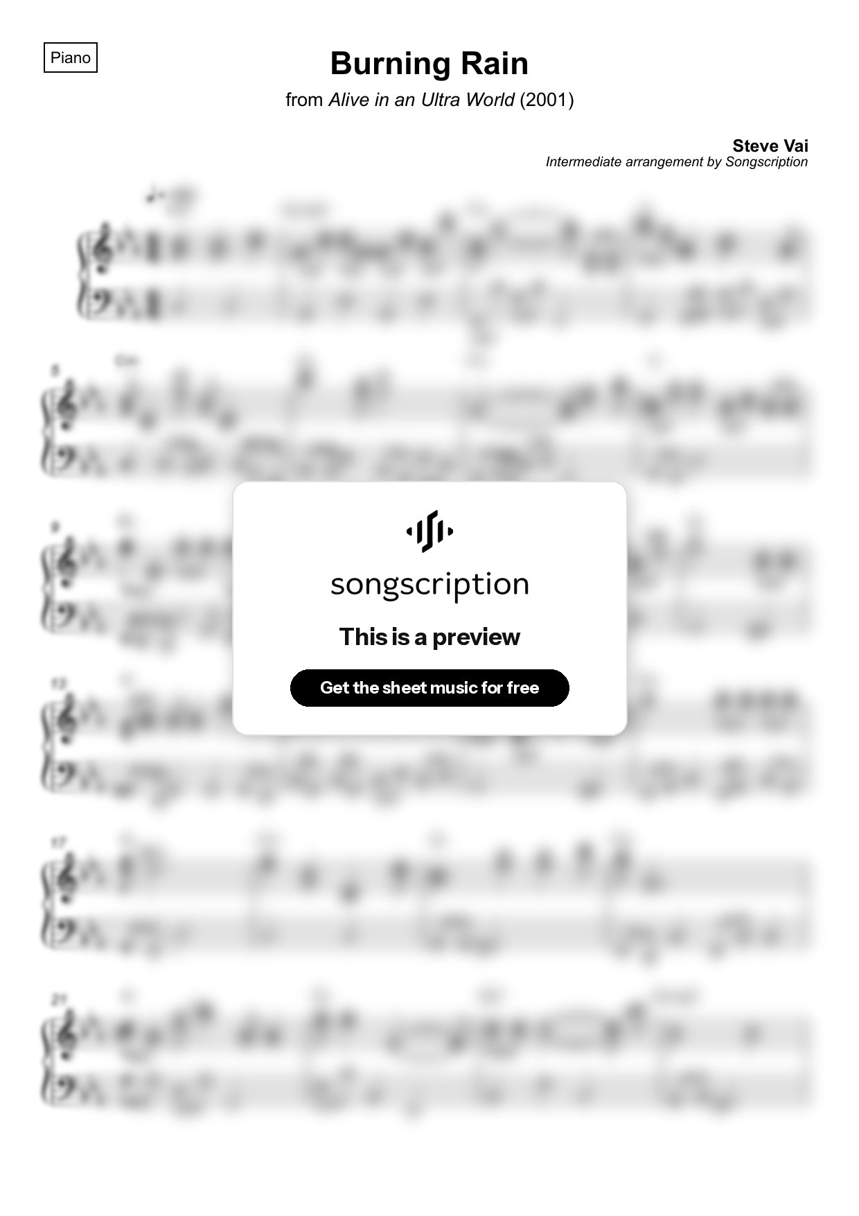 Intermediate Piano Sheet Music for "Burning Rain" by Steve Vai