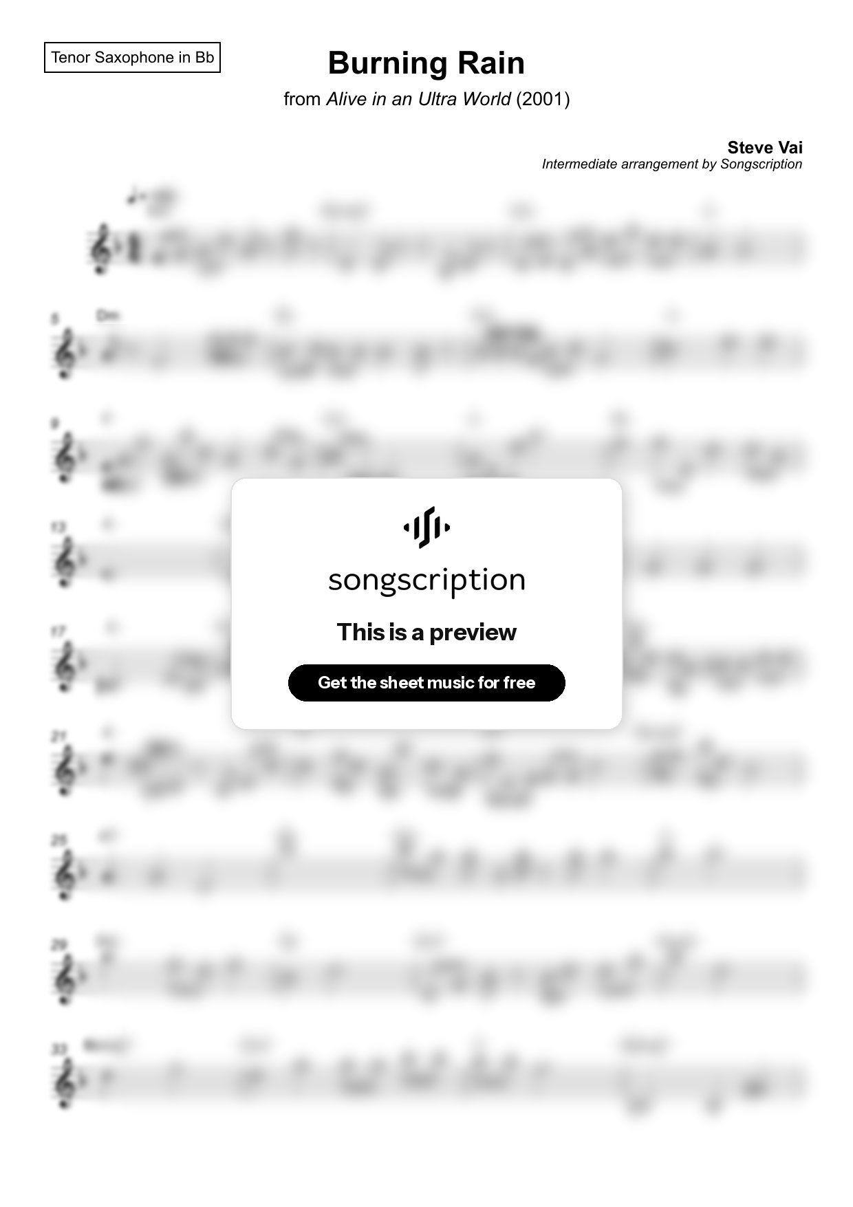 Intermediate Tenor Sax Sheet Music for "Burning Rain" by Steve Vai