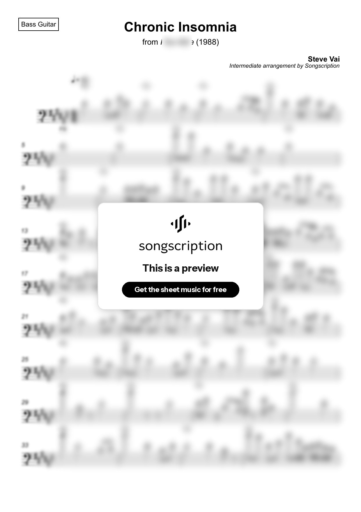 Intermediate Bass Guitar Sheet Music for "Chronic Insomnia" by Steve Vai