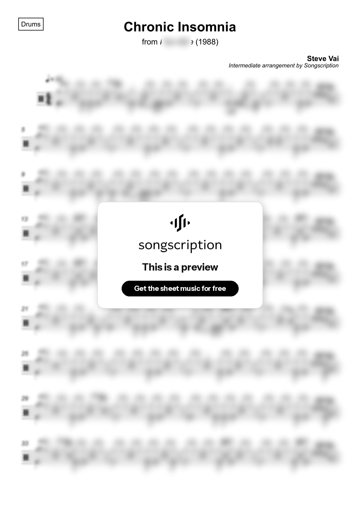 Intermediate Drums Sheet Music for "Chronic Insomnia" by Steve Vai