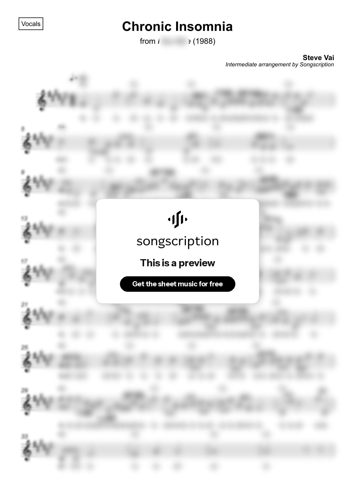 Intermediate Vocals Sheet Music for "Chronic Insomnia" by Steve Vai