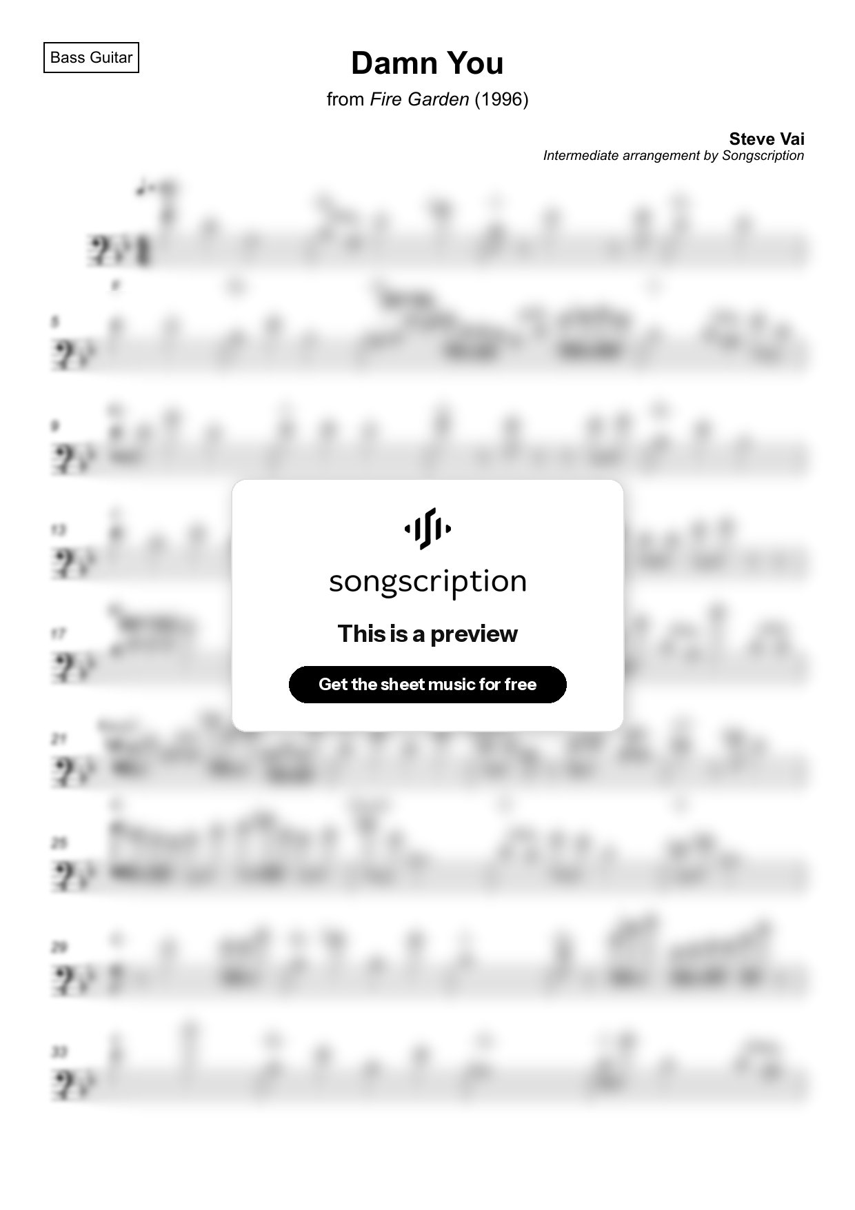 Intermediate Bass Guitar Sheet Music for "Damn You" by Steve Vai