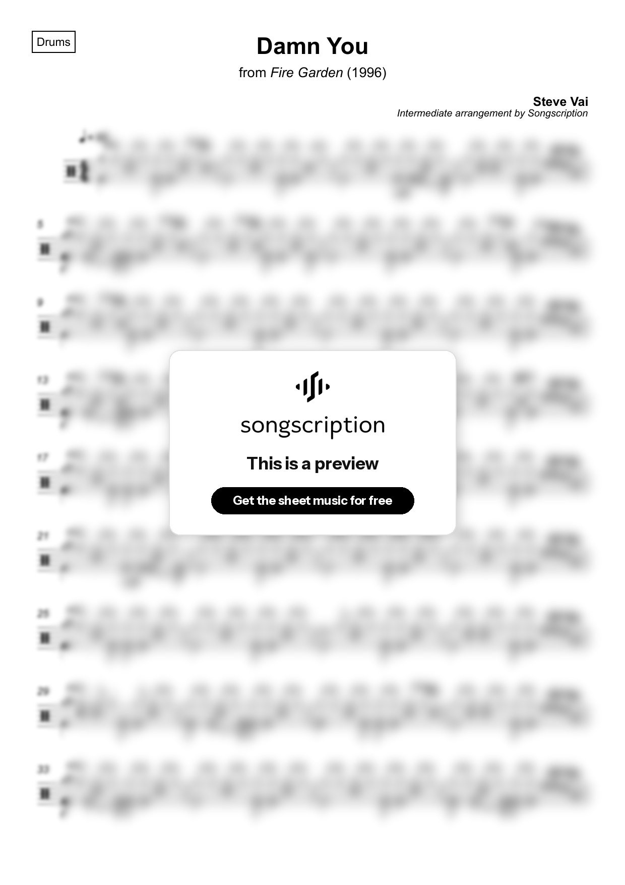 Intermediate Drums Sheet Music for "Damn You" by Steve Vai