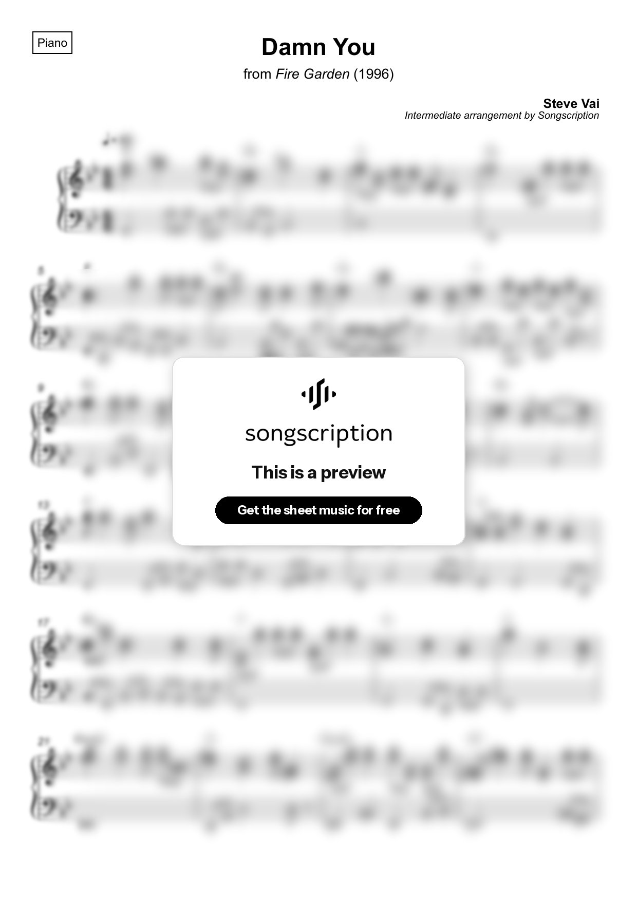 Intermediate Piano Sheet Music for "Damn You" by Steve Vai