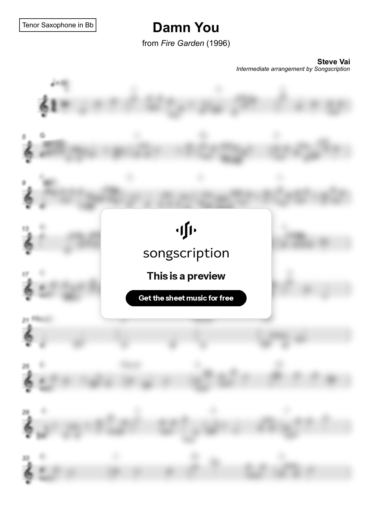 Intermediate Tenor Sax Sheet Music for "Damn You" by Steve Vai
