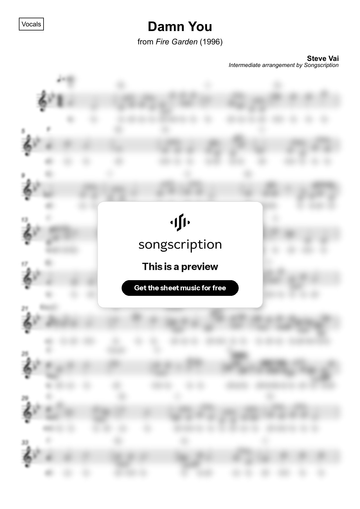 Intermediate Vocals Sheet Music for "Damn You" by Steve Vai