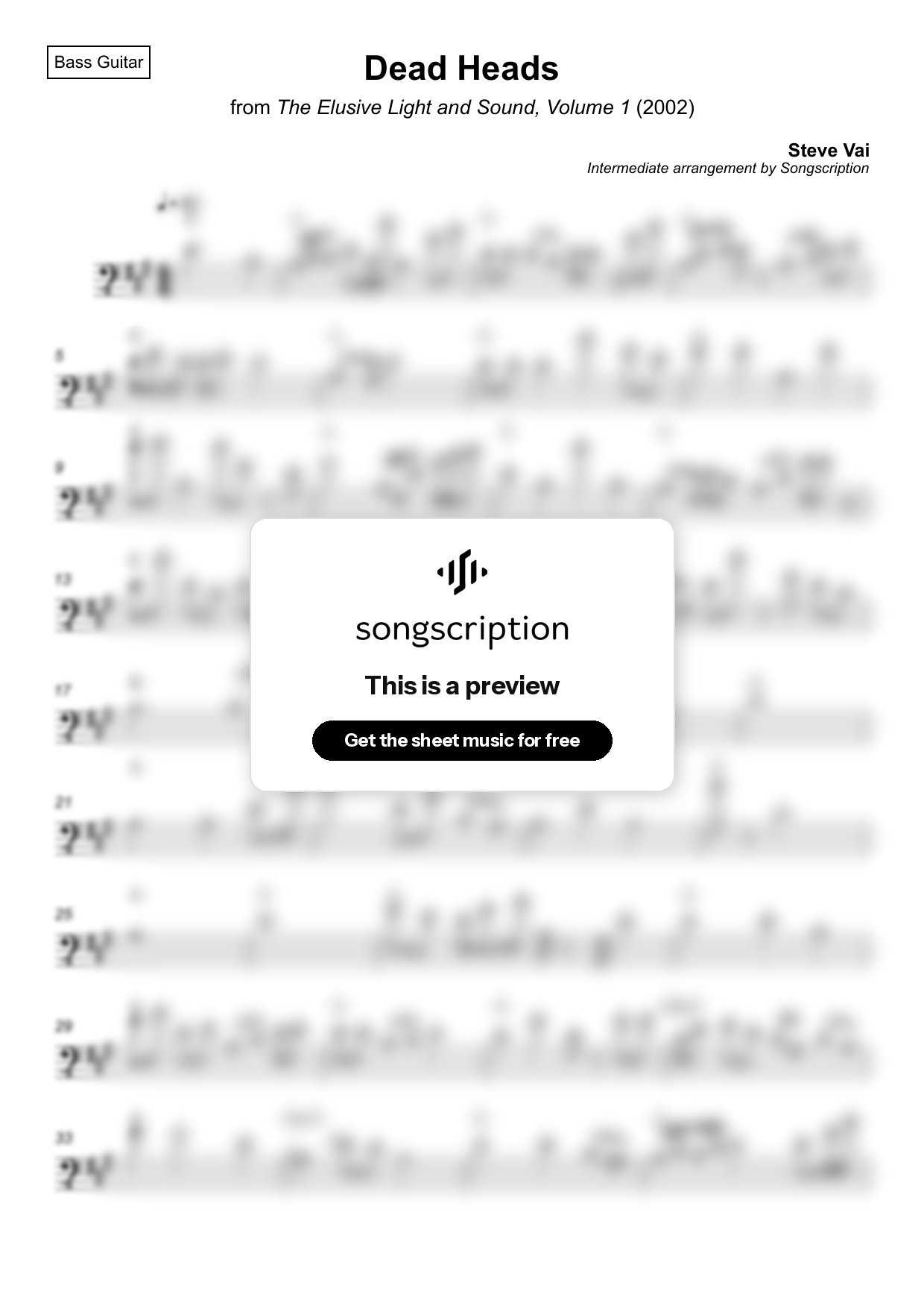Intermediate Bass Guitar Sheet Music for "Dead Heads" by Steve Vai