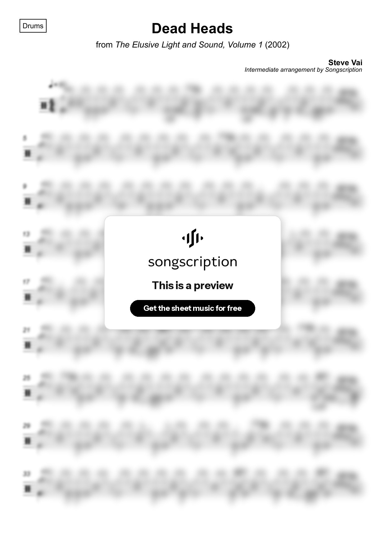 Intermediate Drums Sheet Music for "Dead Heads" by Steve Vai