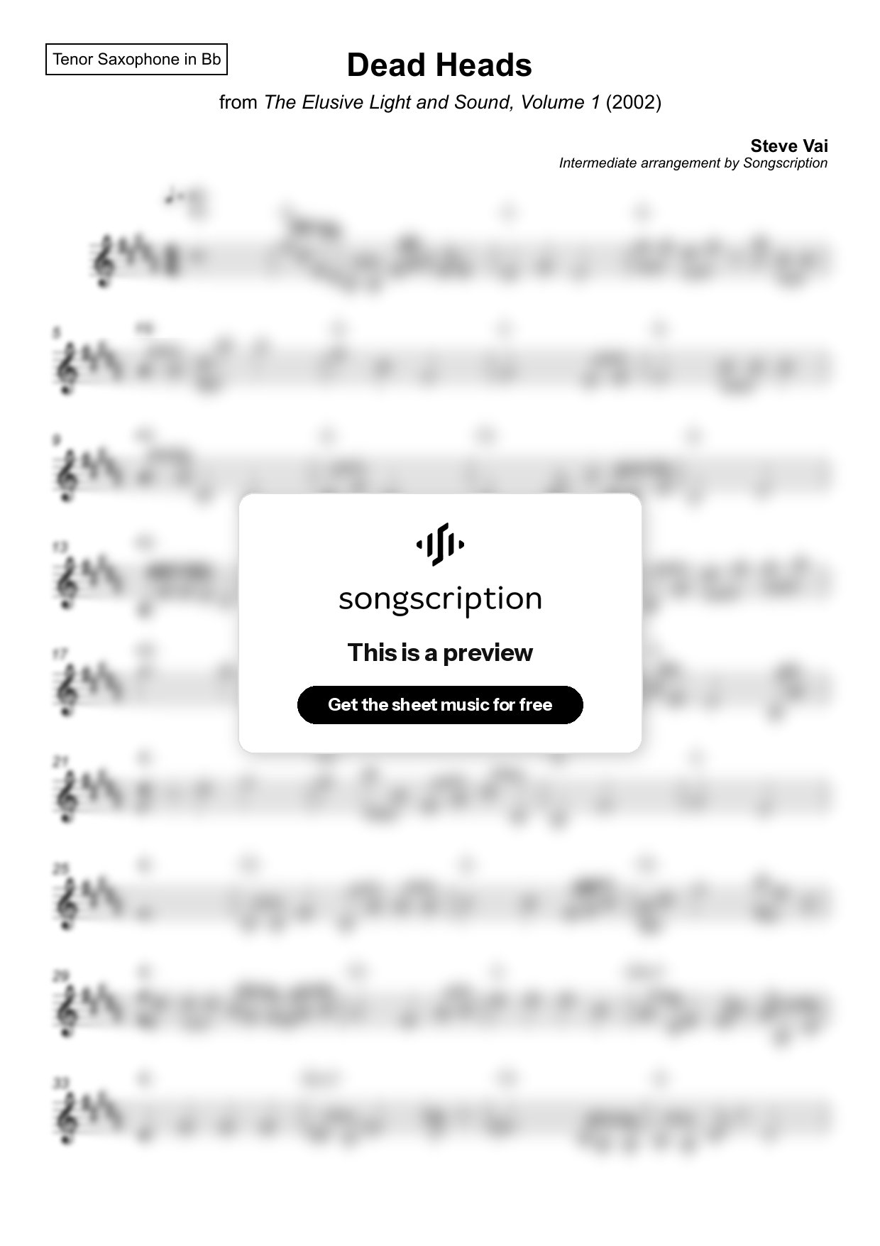 Intermediate Tenor Sax Sheet Music for "Dead Heads" by Steve Vai
