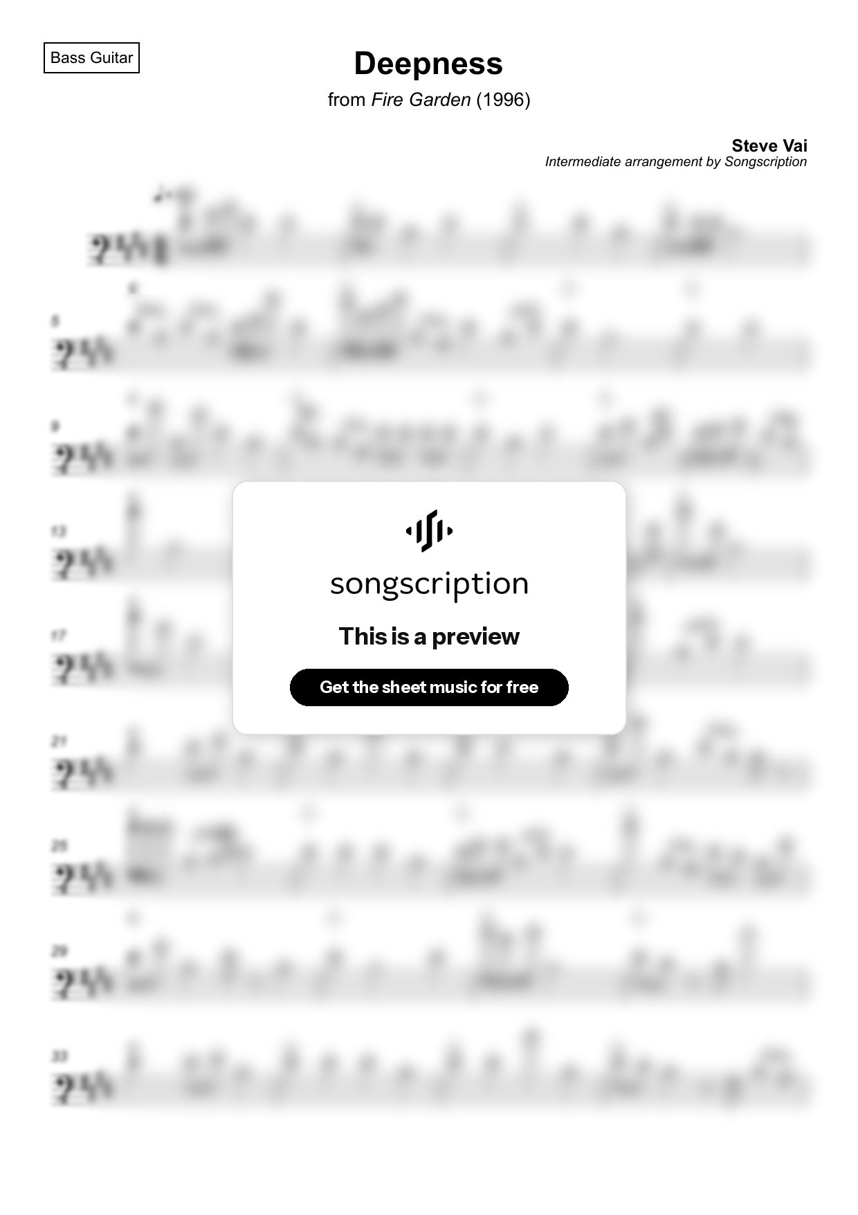 Intermediate Bass Guitar Sheet Music for "Deepness" by Steve Vai