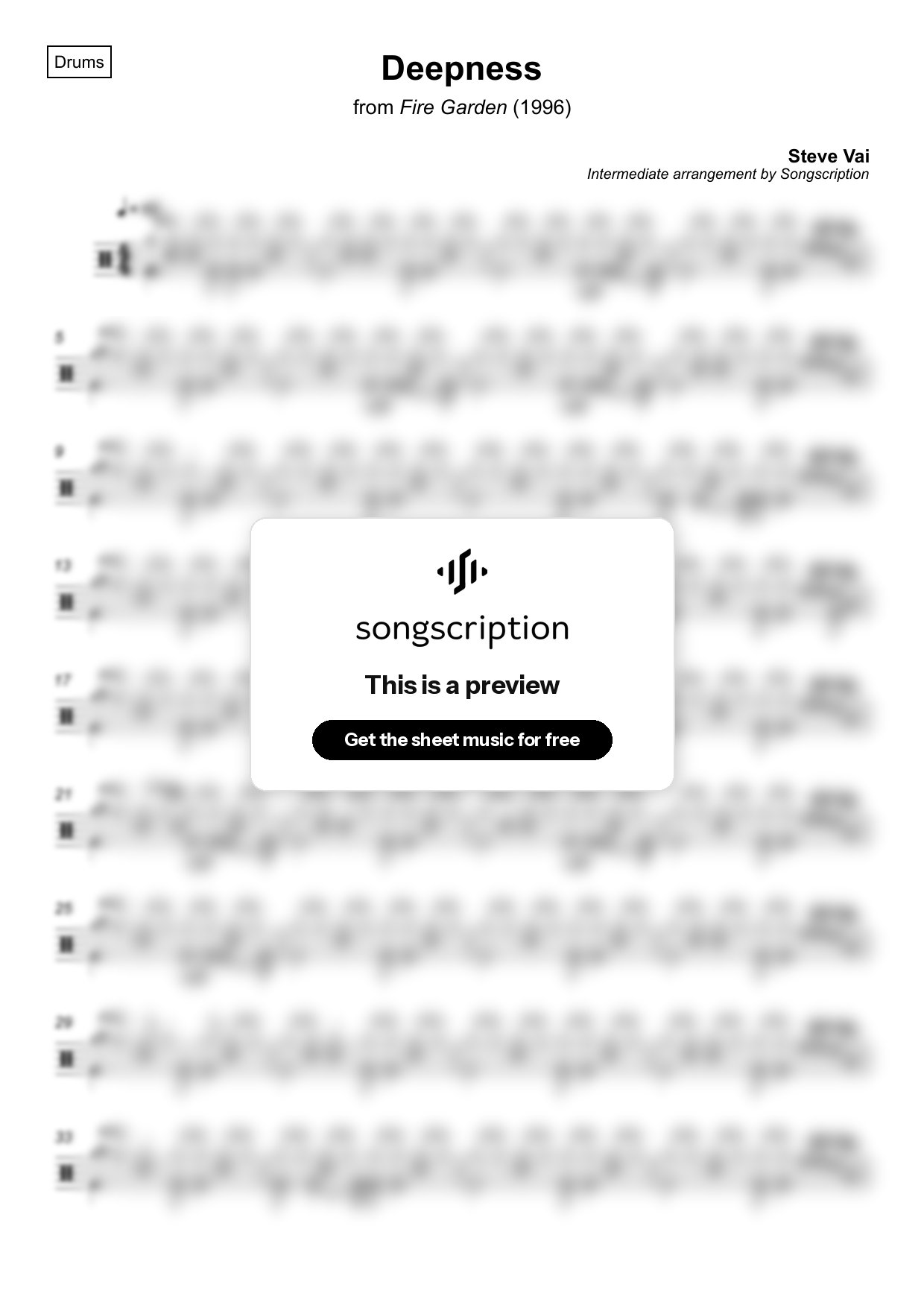Intermediate Drums Sheet Music for "Deepness" by Steve Vai