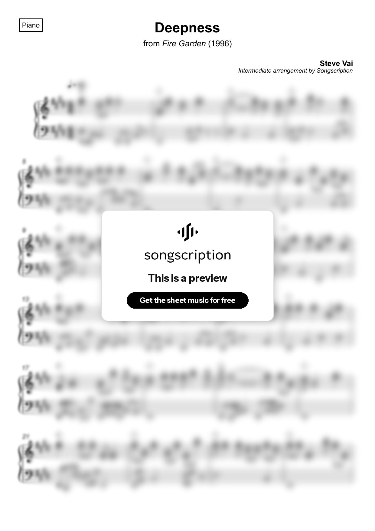 Intermediate Piano Sheet Music for "Deepness" by Steve Vai