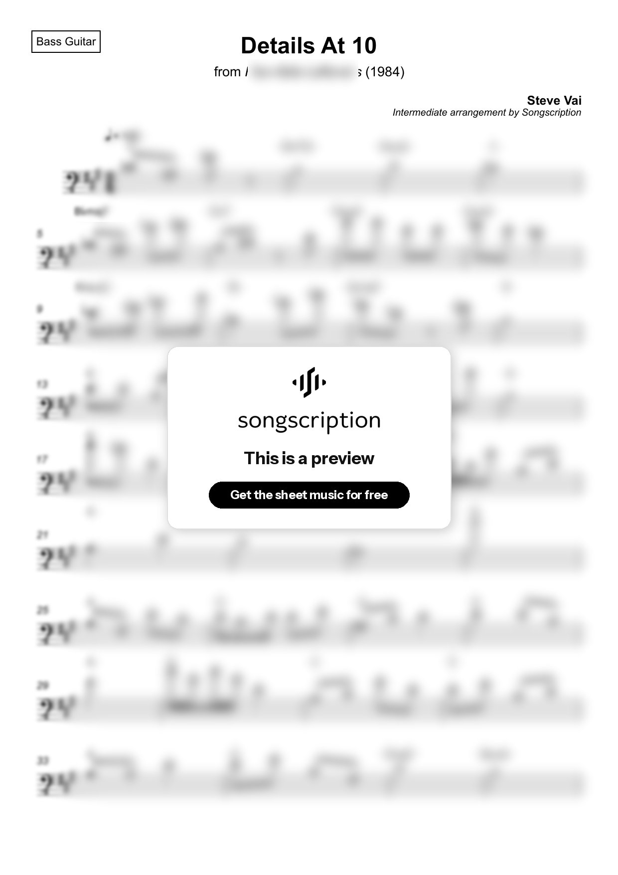 Intermediate Bass Guitar Sheet Music for "Details At 10" by Steve Vai