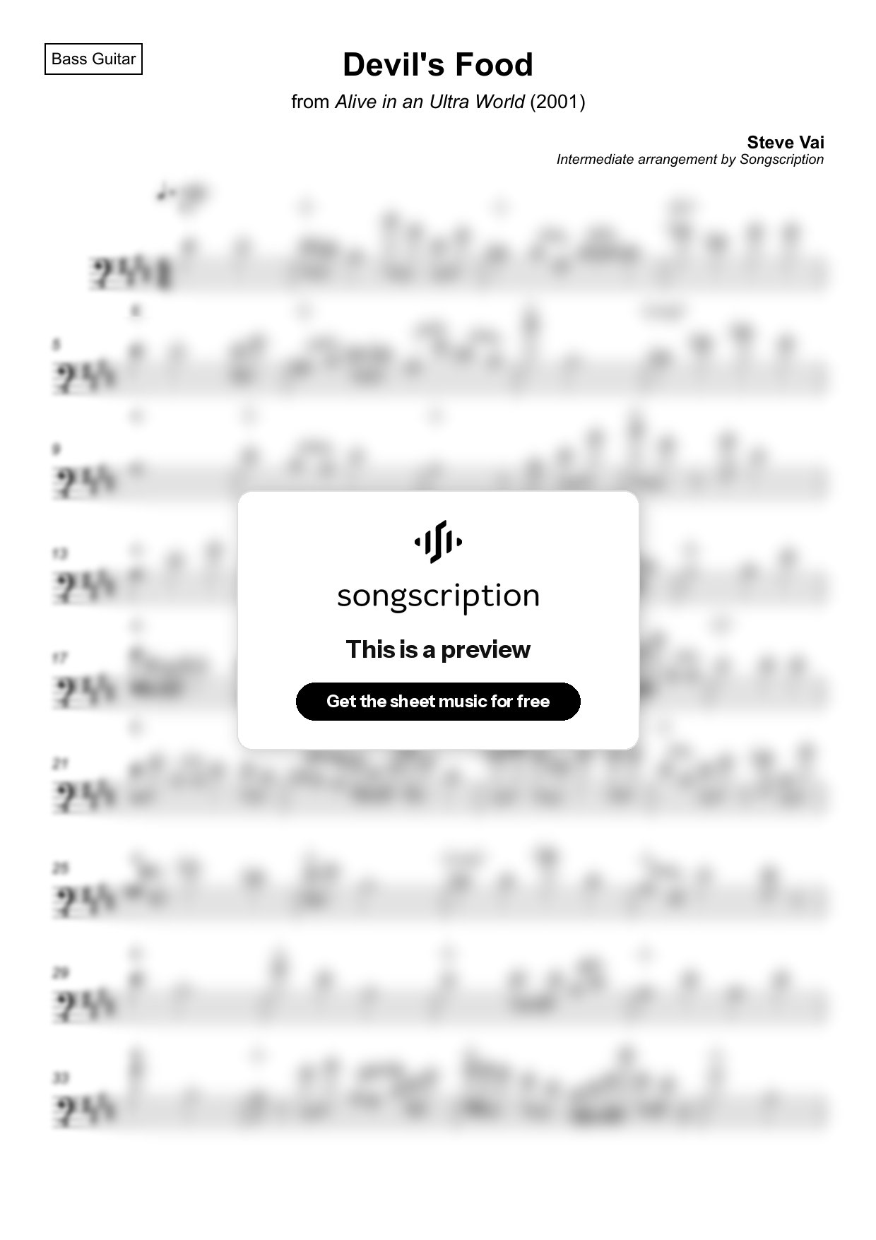 Intermediate Bass Guitar Sheet Music for "Devil's Food" by Steve Vai