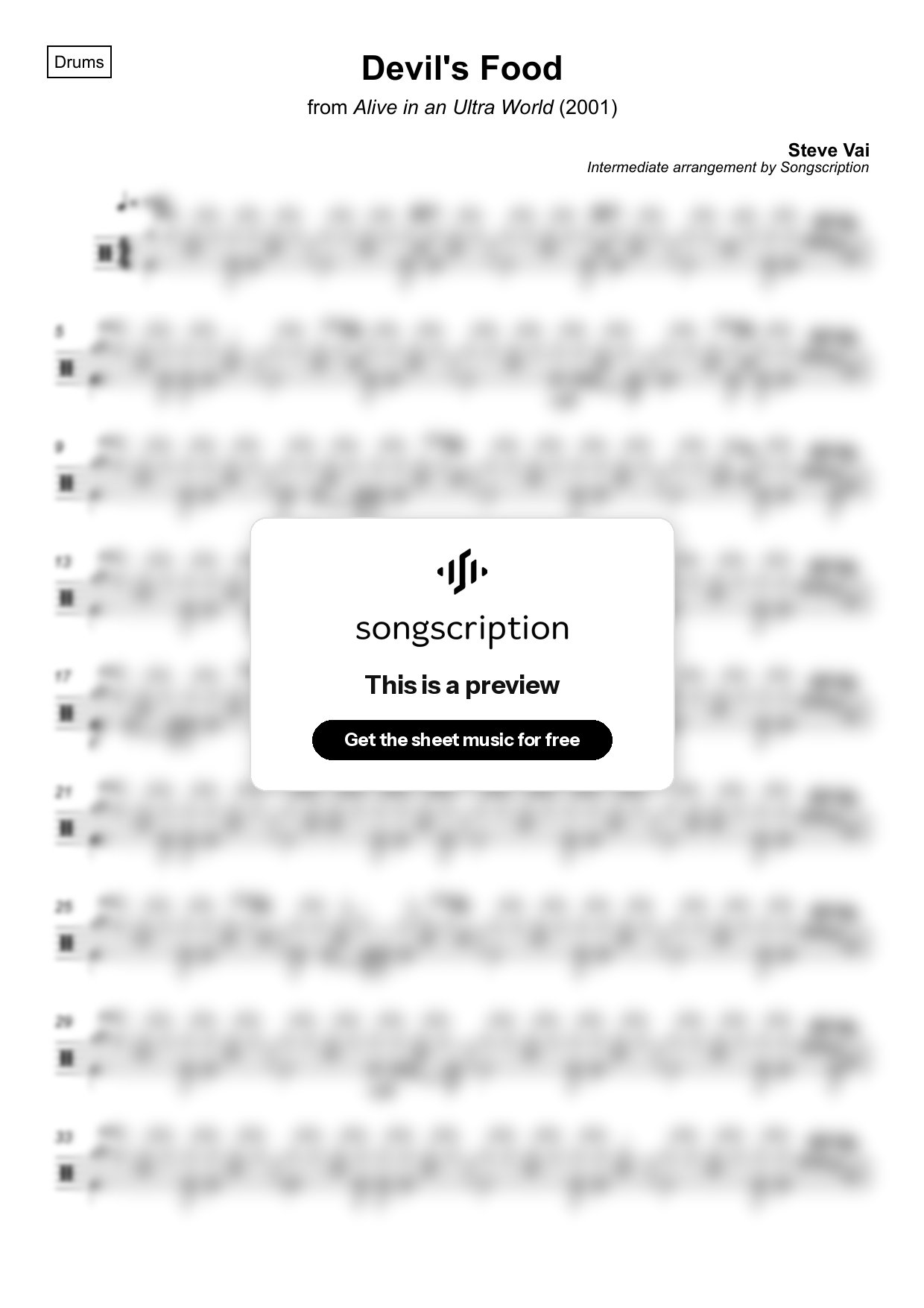 Intermediate Drums Sheet Music for "Devil's Food" by Steve Vai