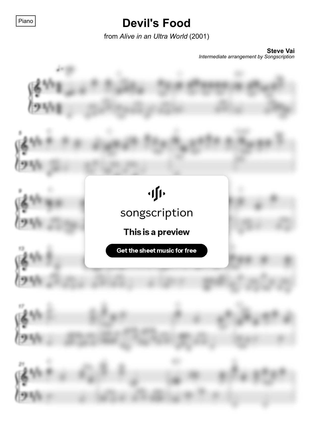 Intermediate Piano Sheet Music for "Devil's Food" by Steve Vai