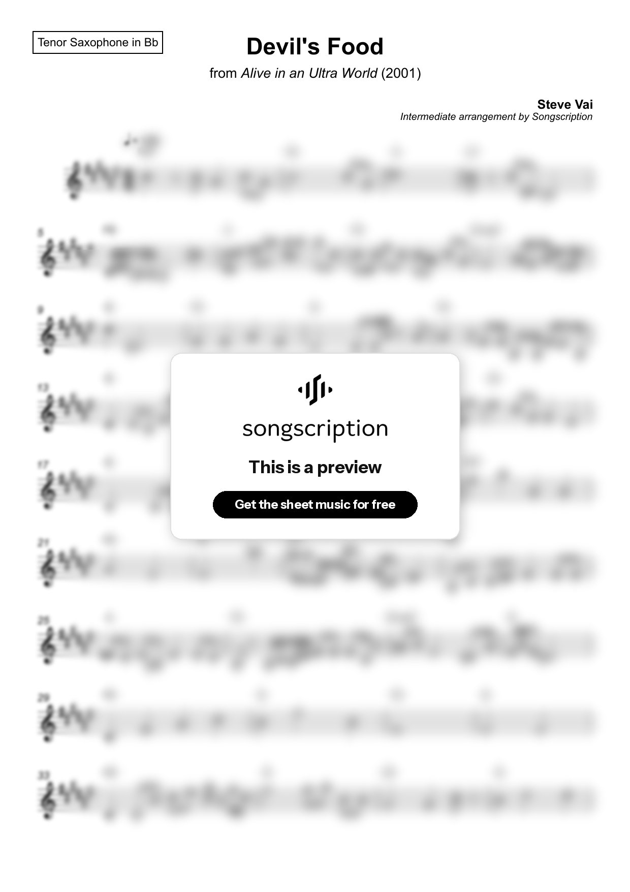 Intermediate Tenor Sax Sheet Music for "Devil's Food" by Steve Vai