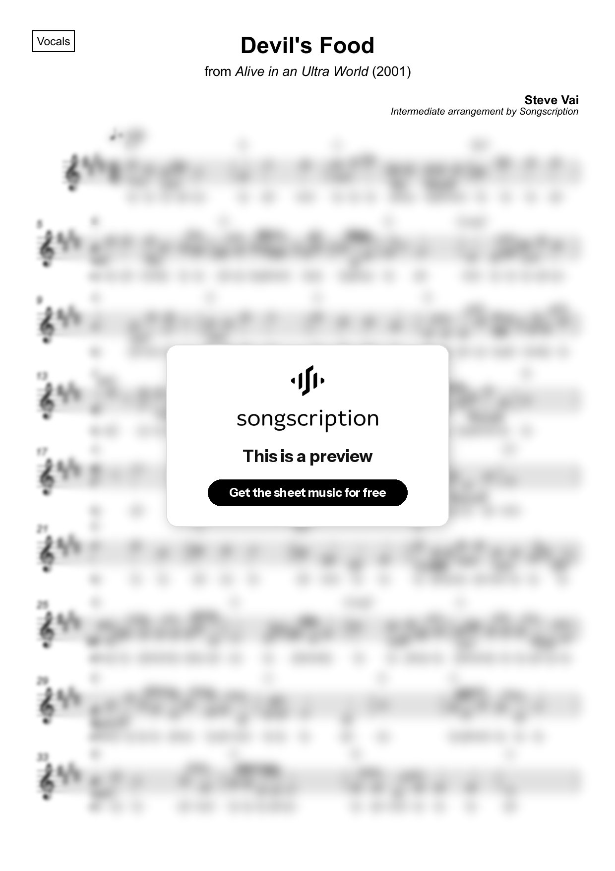 Intermediate Vocals Sheet Music for "Devil's Food" by Steve Vai