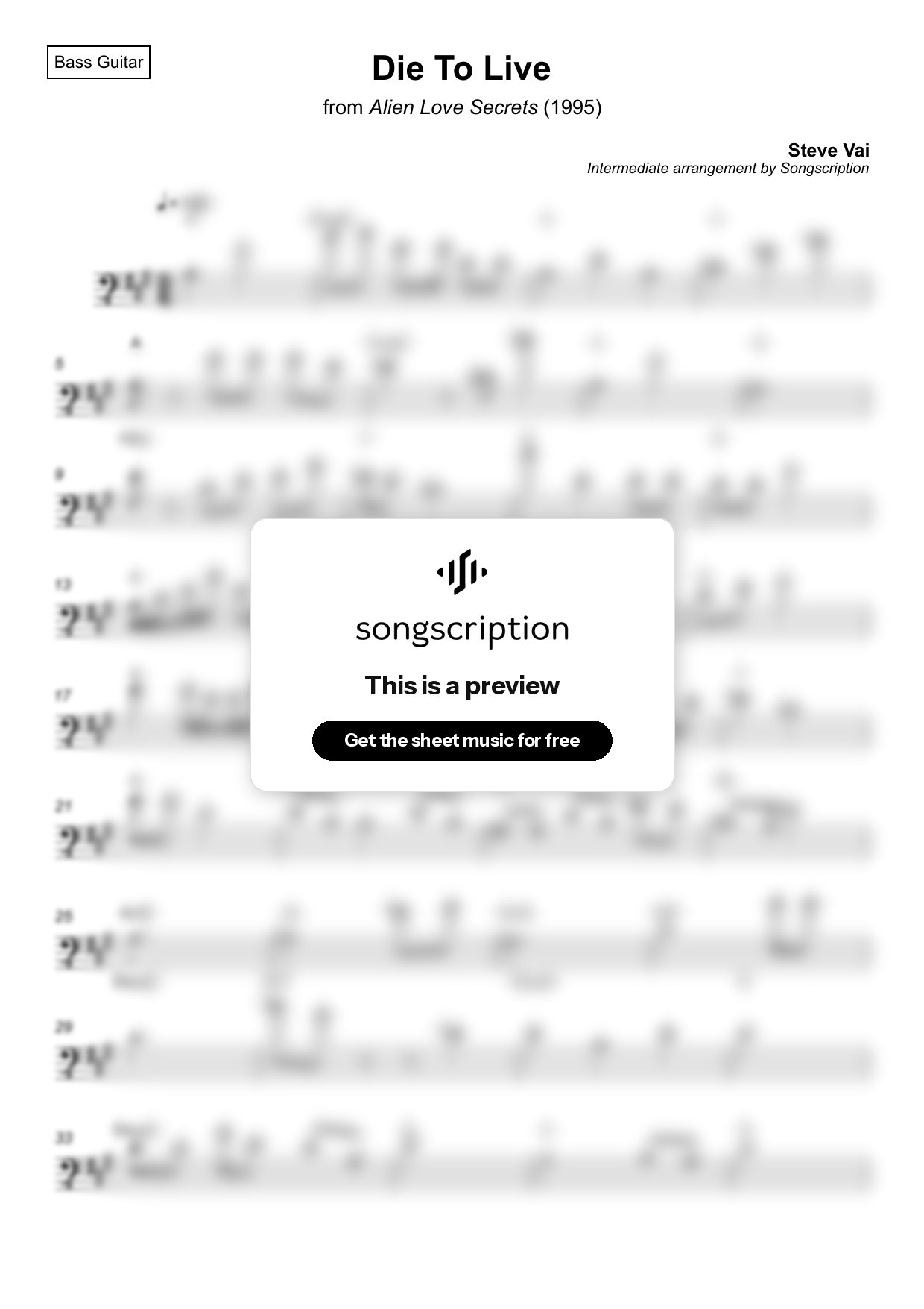 Intermediate Bass Guitar Sheet Music for "Die To Live" by Steve Vai