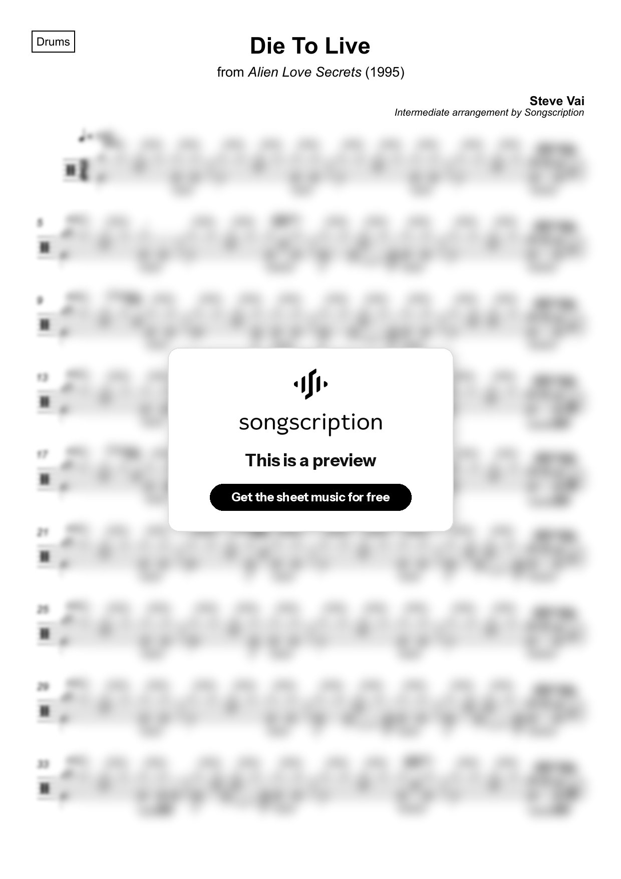 Intermediate Drums Sheet Music for "Die To Live" by Steve Vai