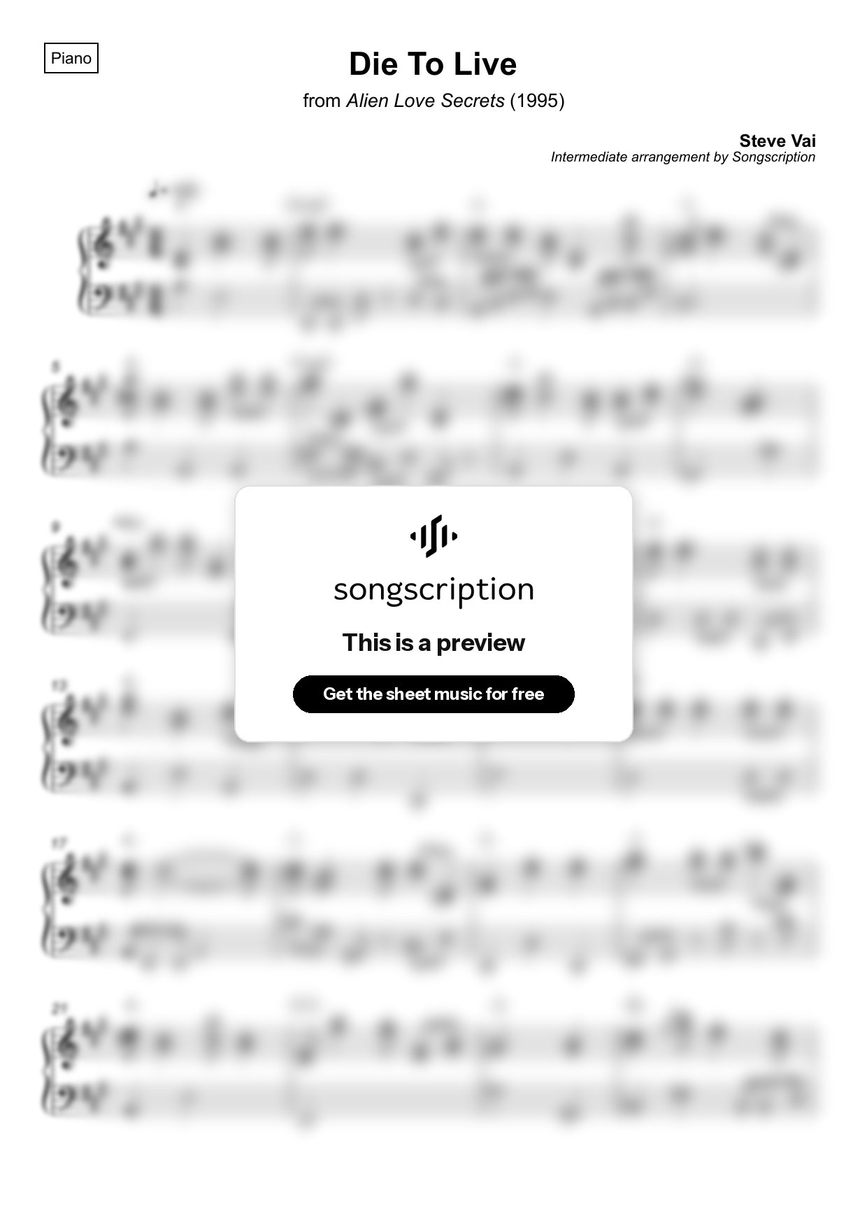 Intermediate Piano Sheet Music for "Die To Live" by Steve Vai