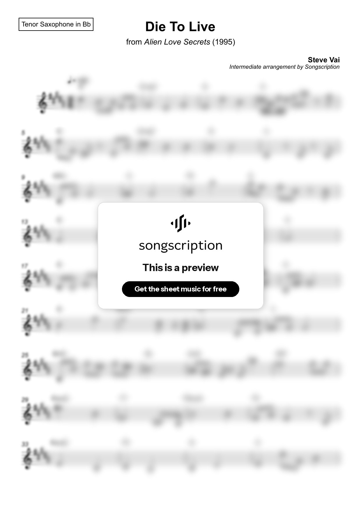 Intermediate Tenor Sax Sheet Music for "Die To Live" by Steve Vai