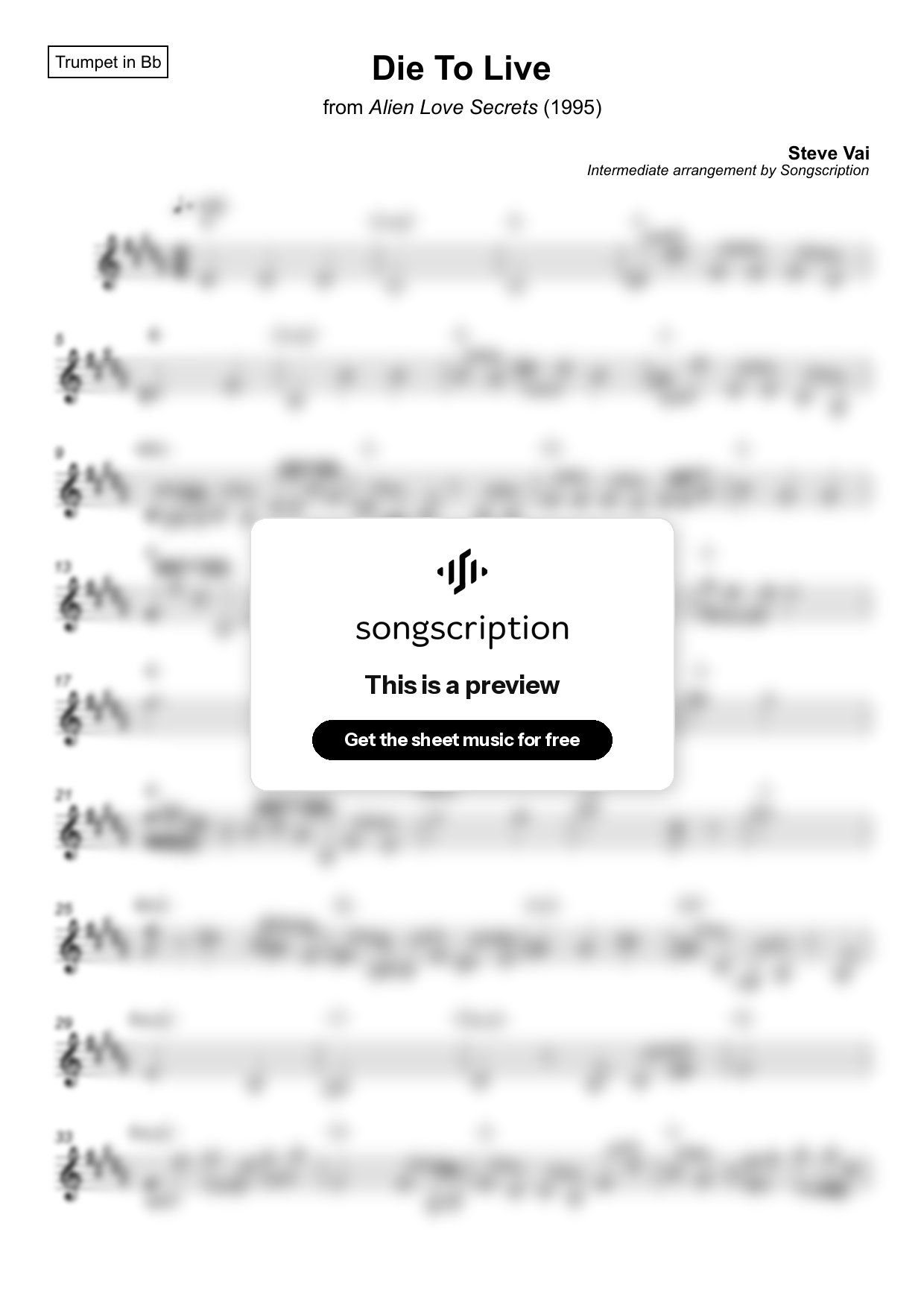Intermediate Trumpet Sheet Music for "Die To Live" by Steve Vai