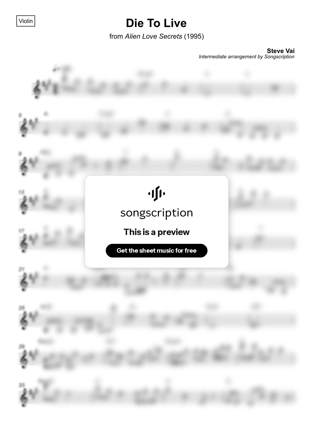 Intermediate Violin Sheet Music for "Die To Live" by Steve Vai