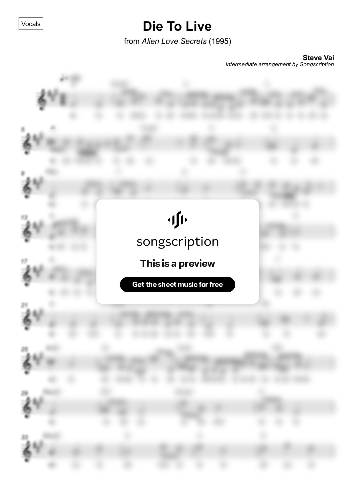 Intermediate Vocals Sheet Music for "Die To Live" by Steve Vai