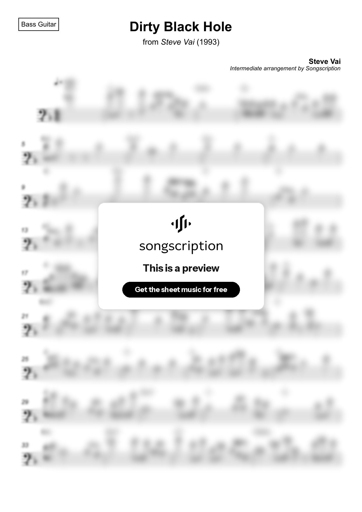 Intermediate Bass Guitar Sheet Music for "Dirty Black Hole" by Steve Vai
