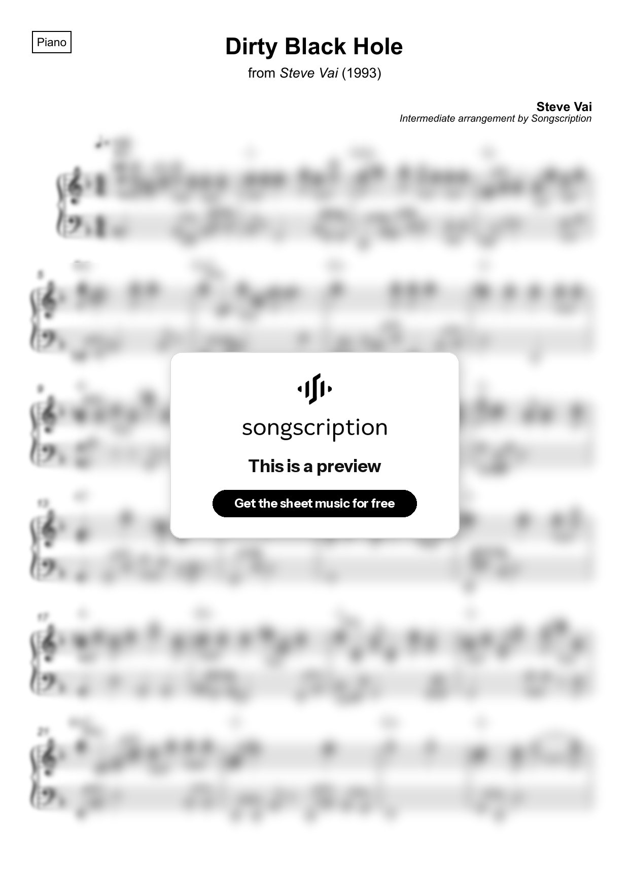 Intermediate Piano Sheet Music for "Dirty Black Hole" by Steve Vai