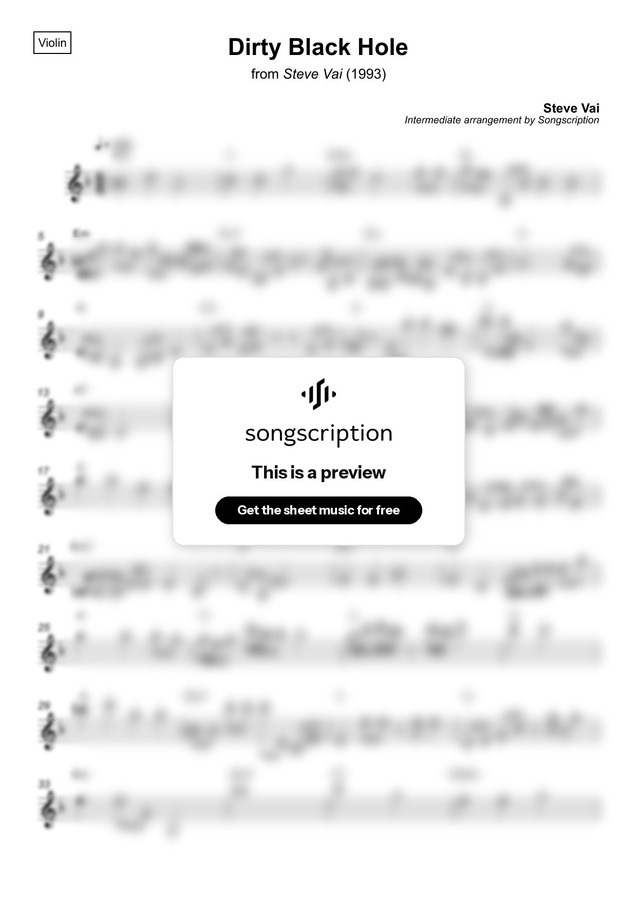 Intermediate Violin Sheet Music for "Dirty Black Hole" by Steve Vai