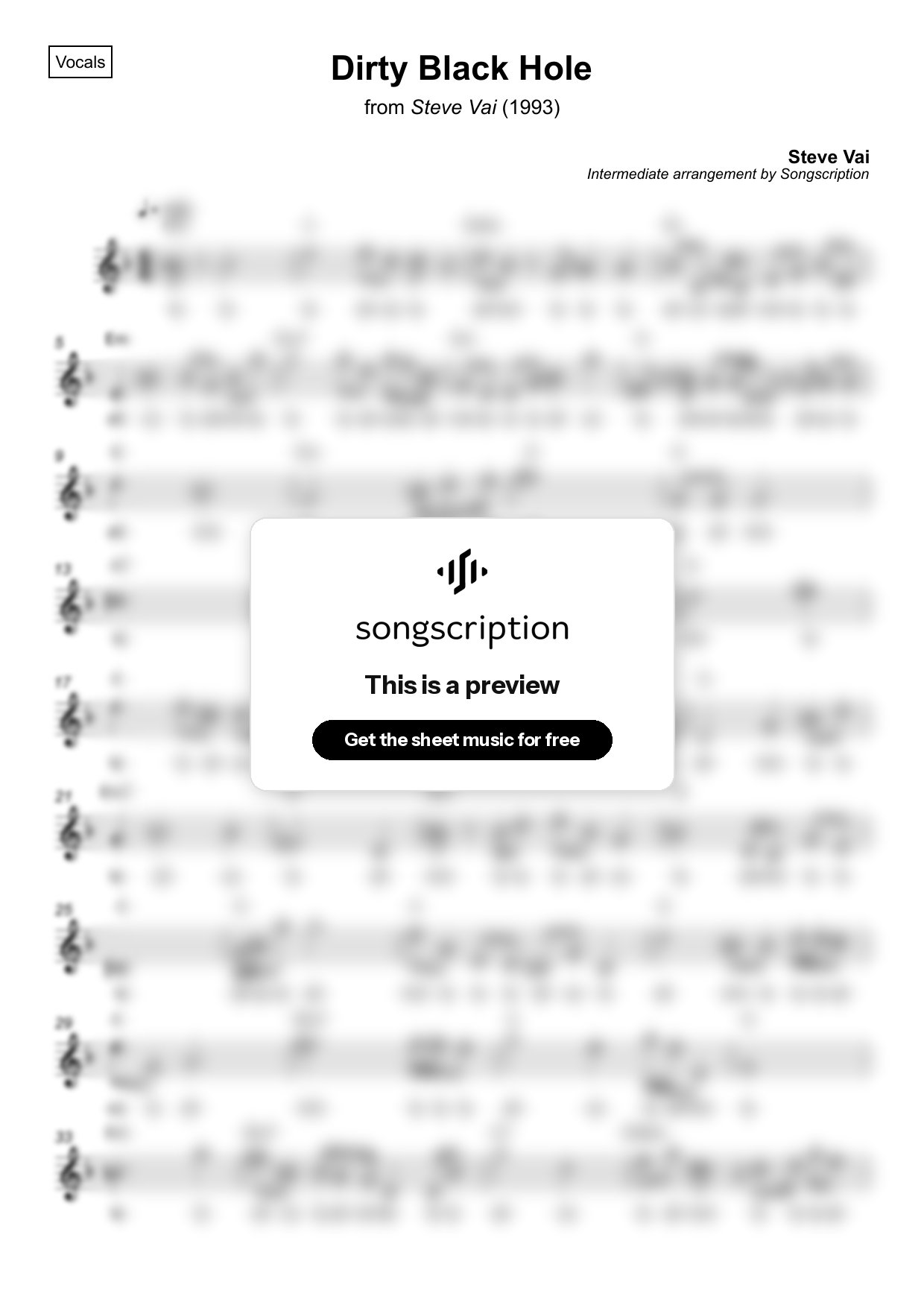 Intermediate Vocals Sheet Music for "Dirty Black Hole" by Steve Vai