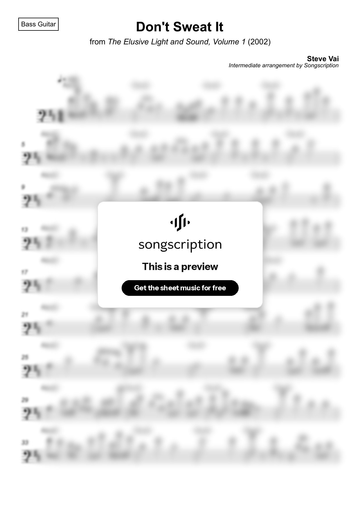 Intermediate Bass Guitar Sheet Music for "Don't Sweat It" by Steve Vai