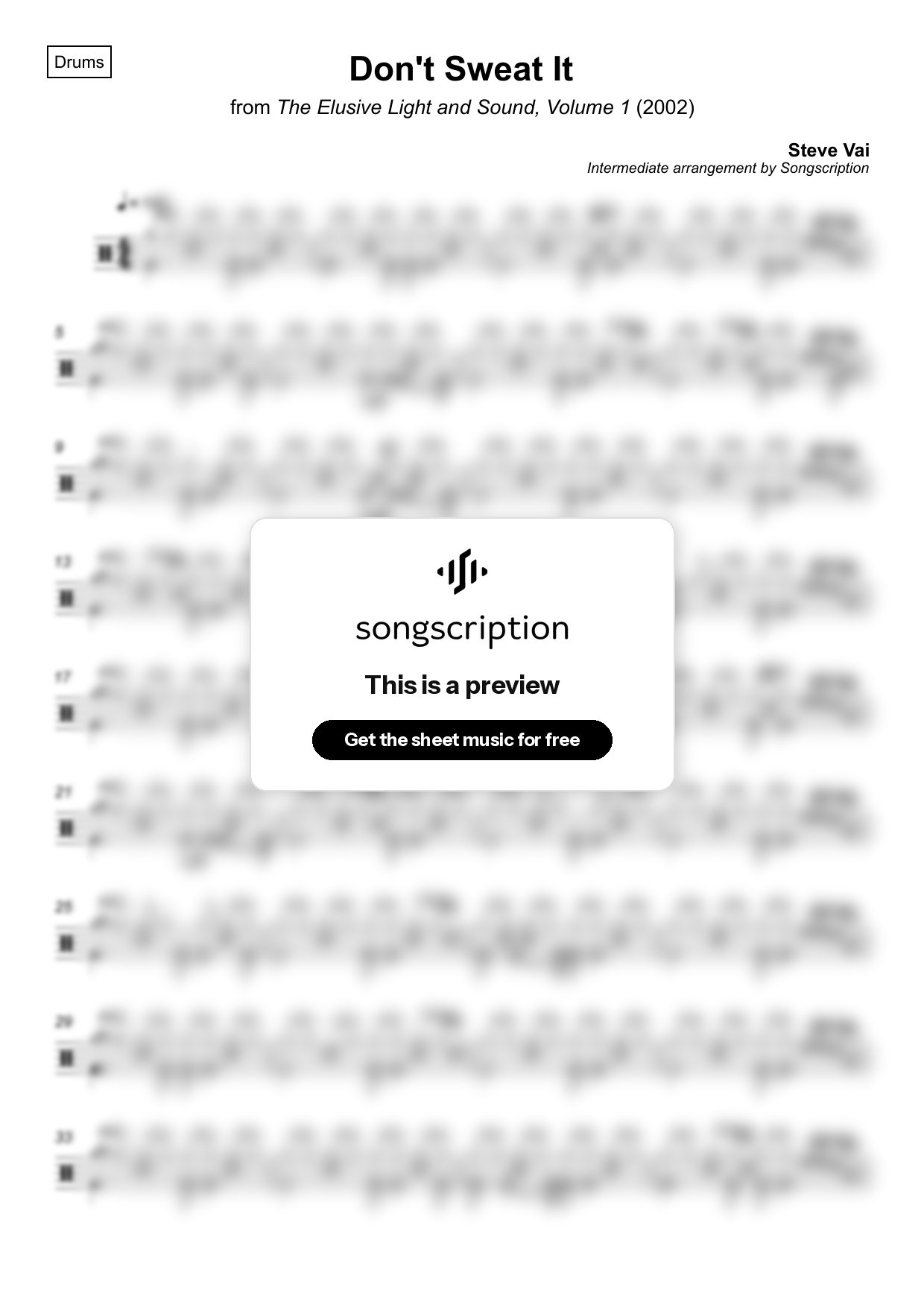 Intermediate Drums Sheet Music for "Don't Sweat It" by Steve Vai