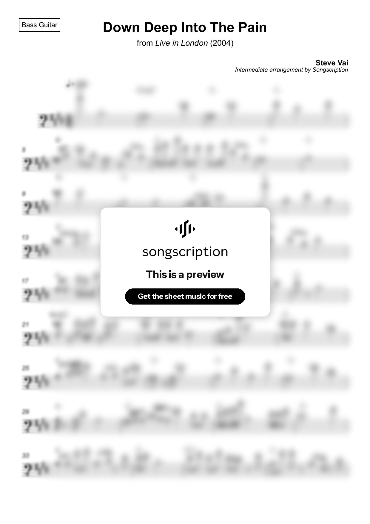 Intermediate Bass Guitar Sheet Music for "Down Deep Into The Pain" by Steve Vai